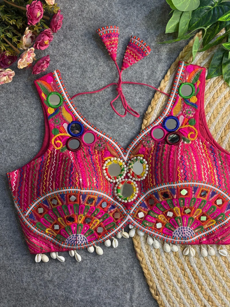 Pink Real Handwork  Mirror Work Navratri Blouse