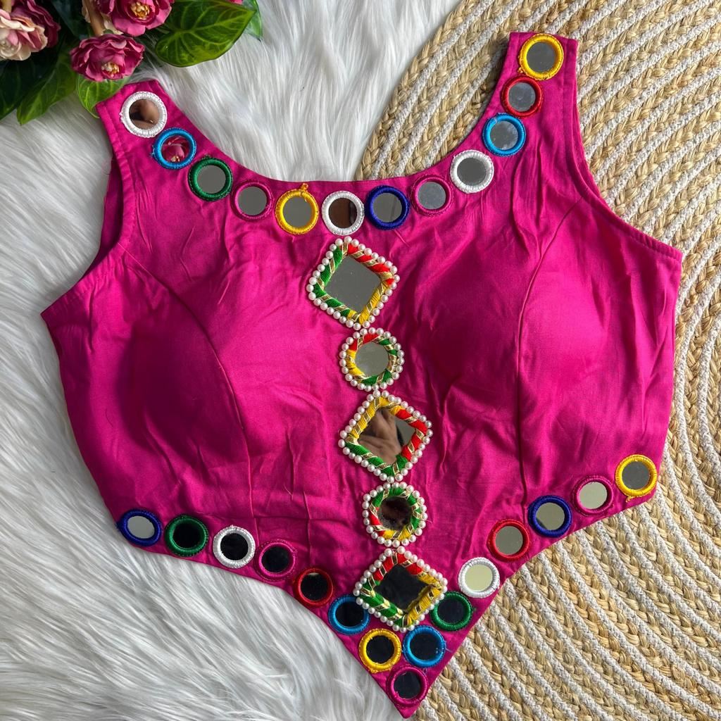 Pink Real Mirror Navratri Handwork Blouse