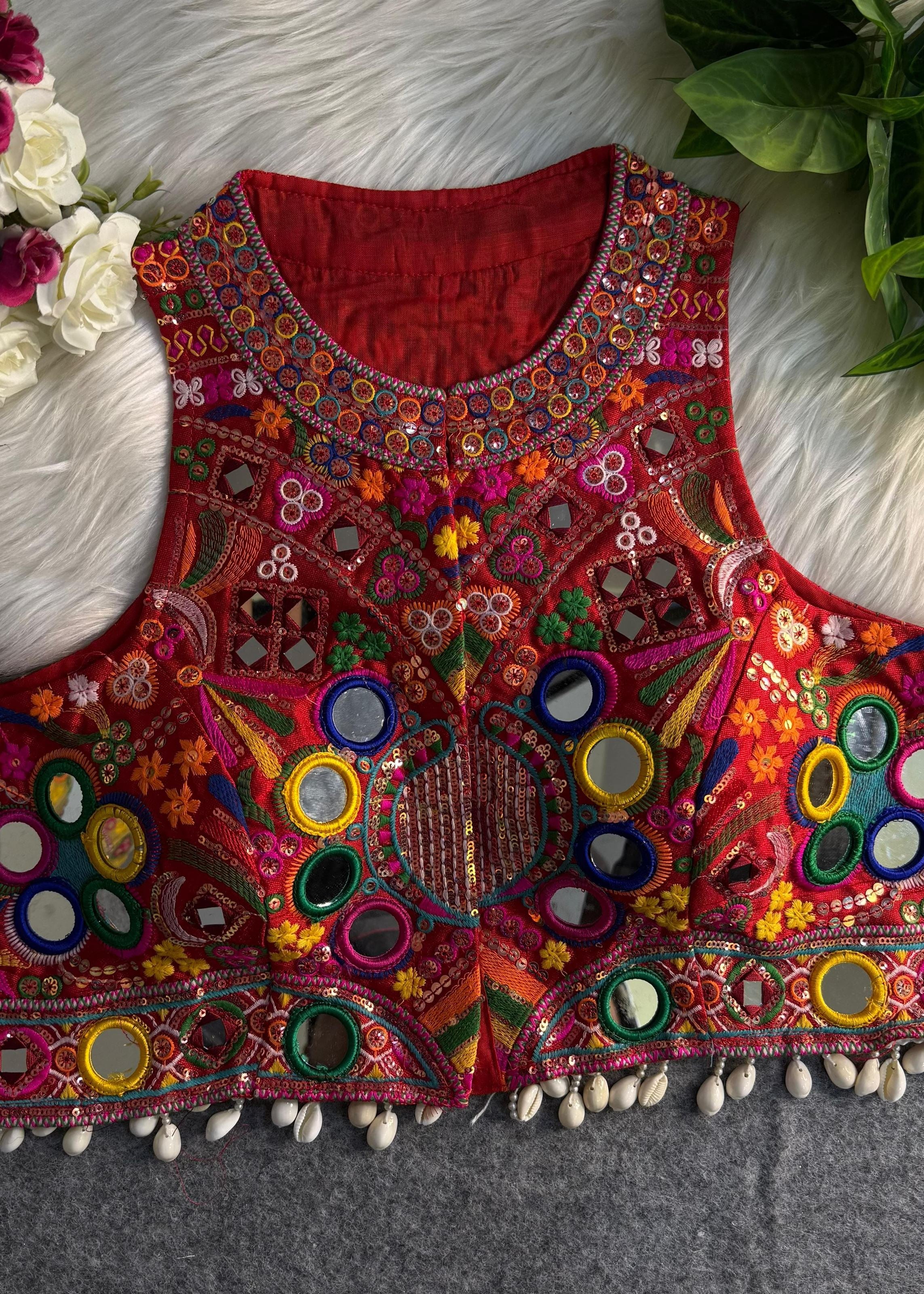 Pink Round Neck Navratri Blouse with Gamthi, Mirror  & Shell Work