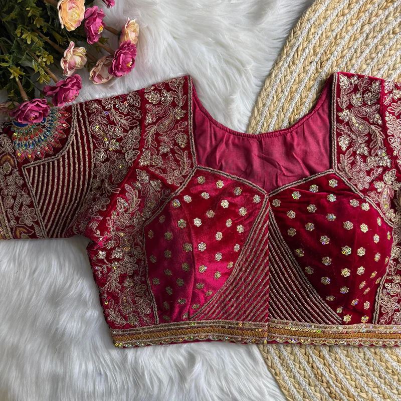Pink Royal Rajwadi Velvet Wedding Blouse with Dulha Dulhan Embroidery