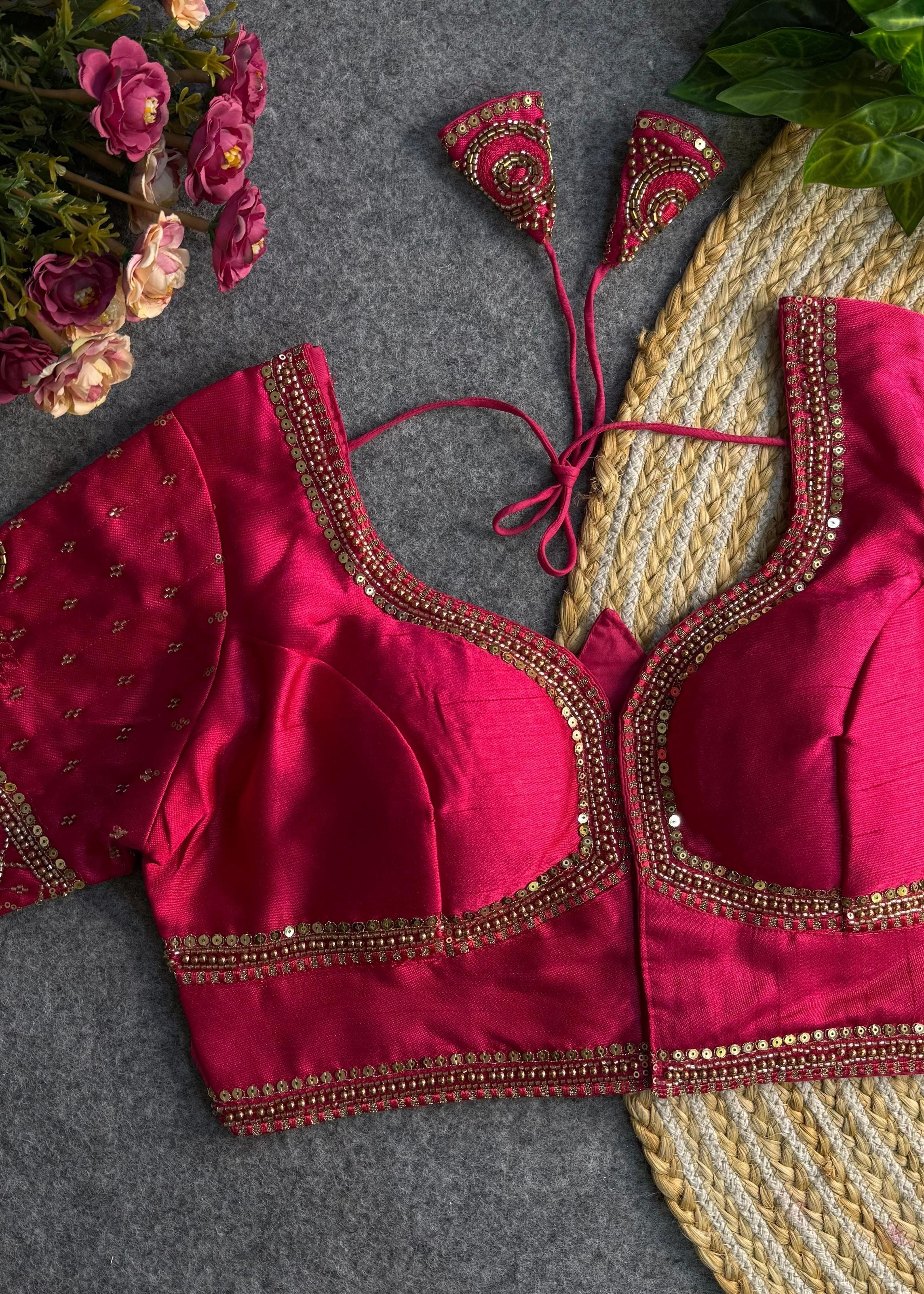 Pink Sabyasachi-Inspired Heavy Bridal Blouse with Exquisite Lotus Beads Embroidery