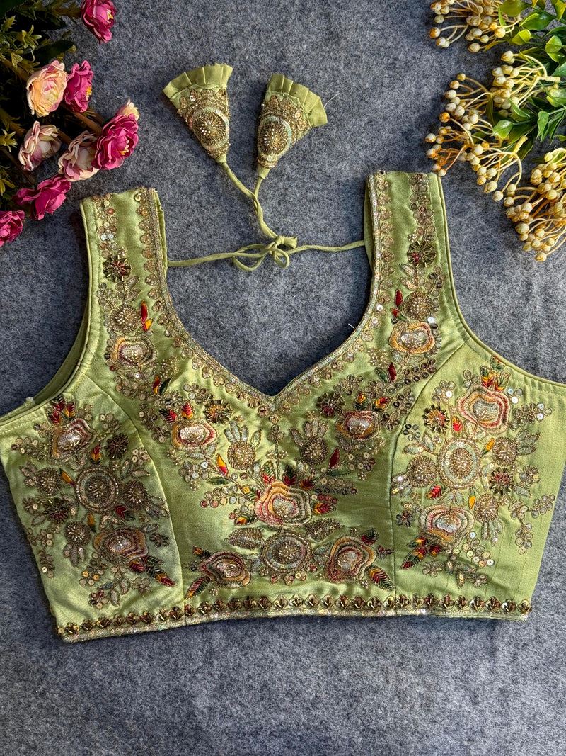 Pista Green Embroidered Blouse with Gold Work & Sleeves attached