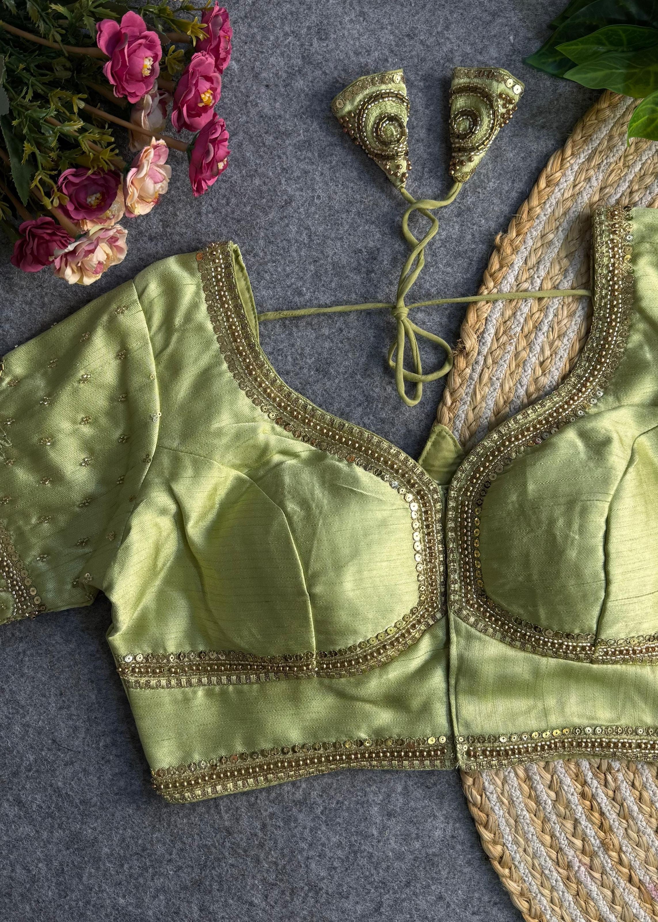 Pista Sabyasachi-Inspired Heavy Bridal Blouse with Exquisite Lotus Beads Embroidery