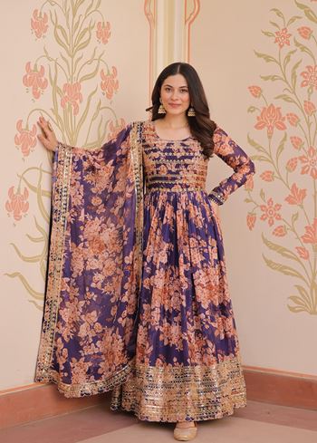 Purple Anarkali With Heavy Digital Print With Embroidered Sequins Work
