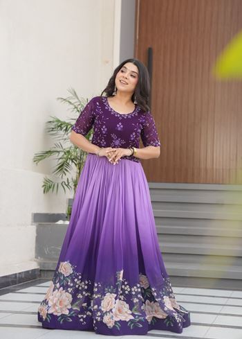 Purple Anarkali With Heavy Embroidered work and Rich  Floral Pedding Digital Print