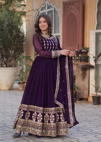 Purple Anarkali With Heavy Embroidery Zari Sequins-work