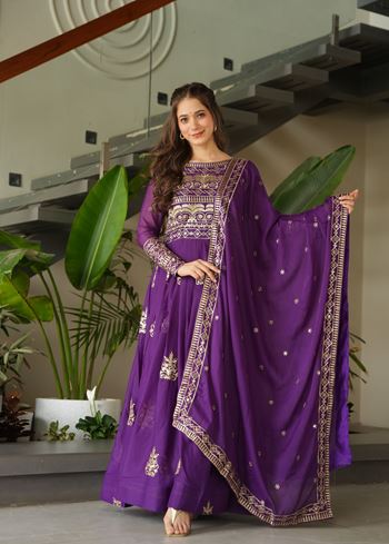 Purple Anarkali With Heavy Sequins Multi  Beads Embroidered Work