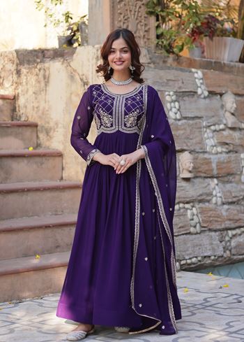 Purple Anarkali With Heavy Sequins Multi  Beads Embroidered Work