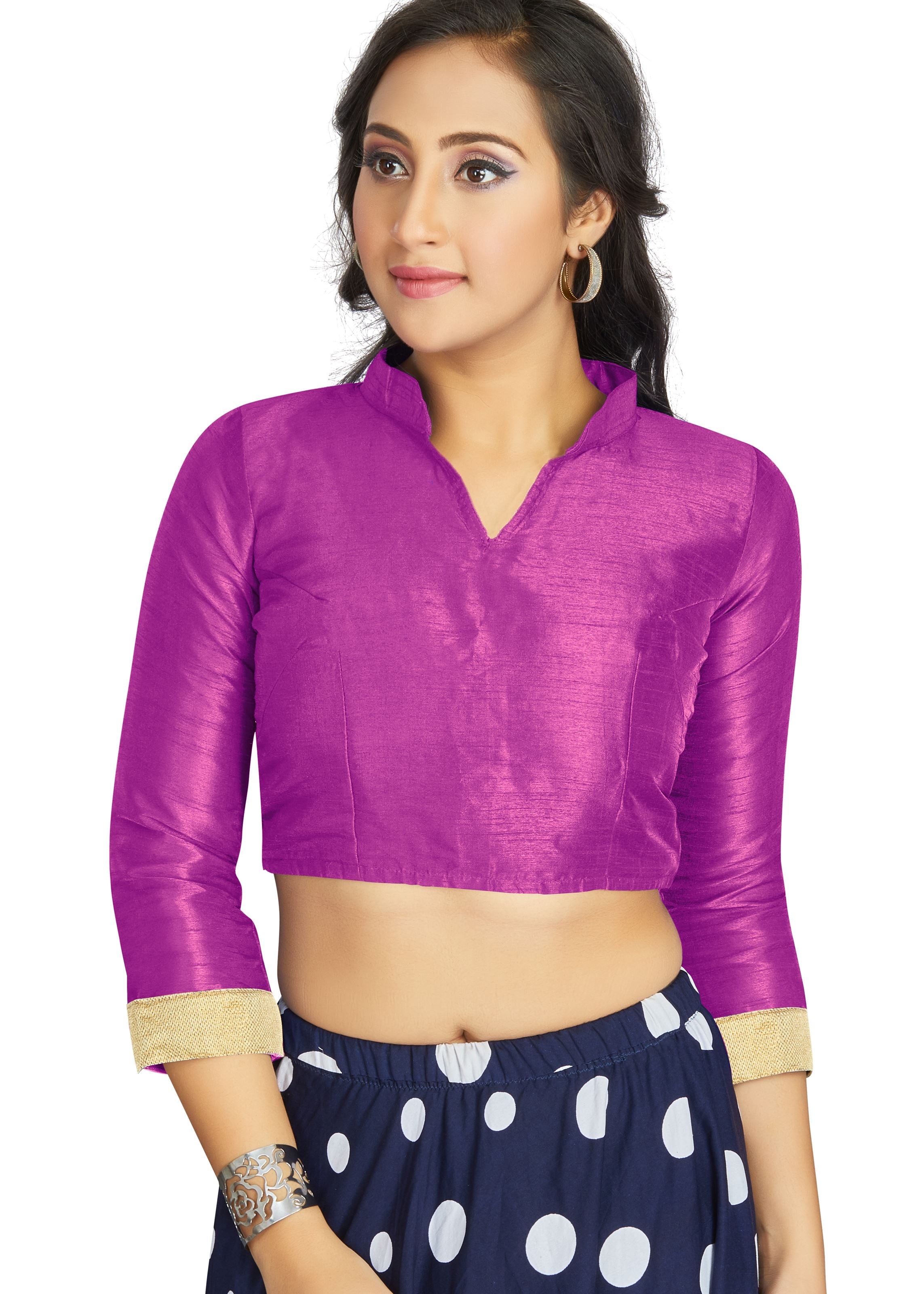 Purple Art Silk V Neck Chinese Collar Blouse With Matty In Sleeve