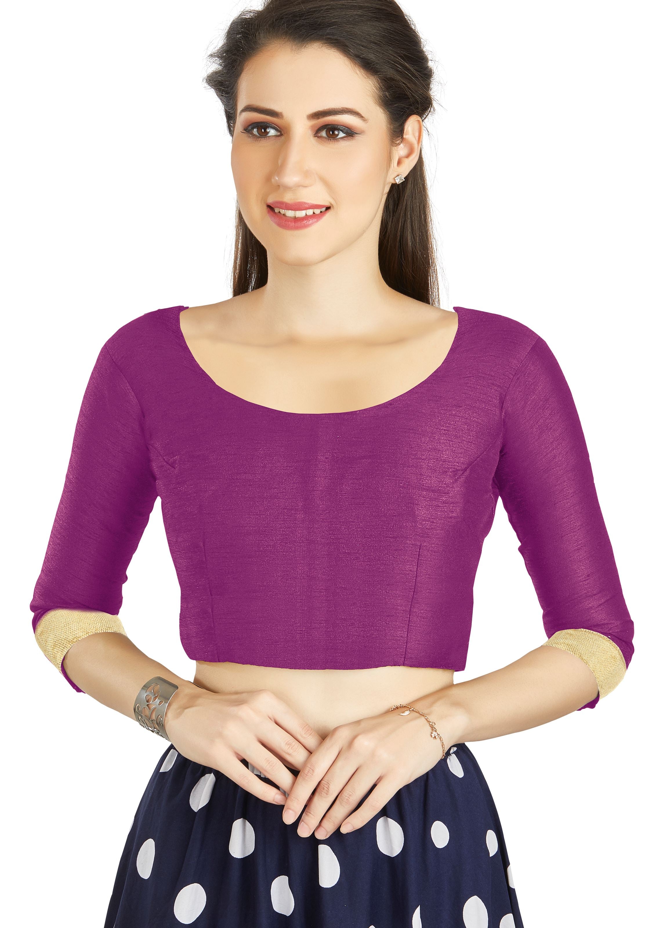 Purple Art silk U Neck Blouse With Matty Work In Sleeve