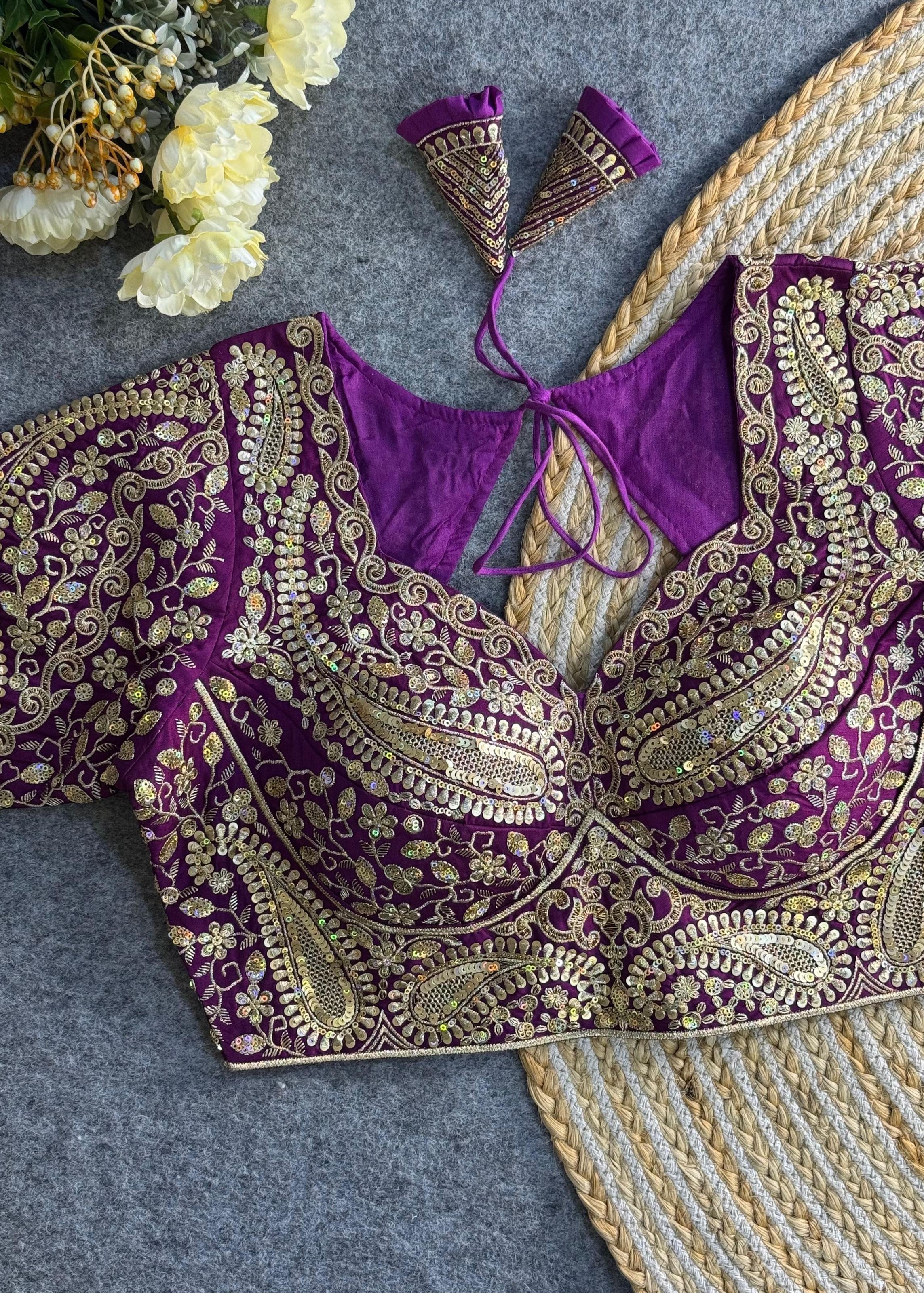 Purple Bridal Blouse with Deep V-Neck & Heavy Paisley Embroidery