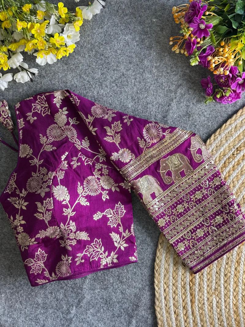 Purple Elegant Silk Blouse with Intricate Elephant Design