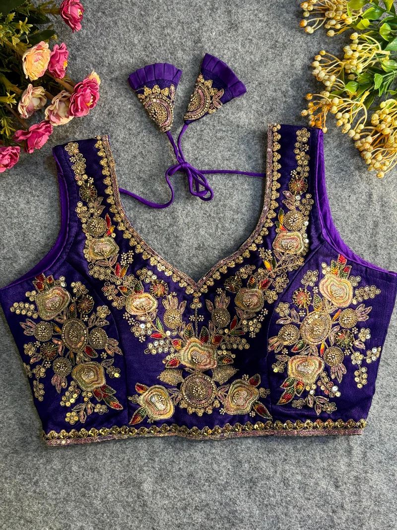 Purple Embroidered Blouse with Gold Work & Sleeves attached