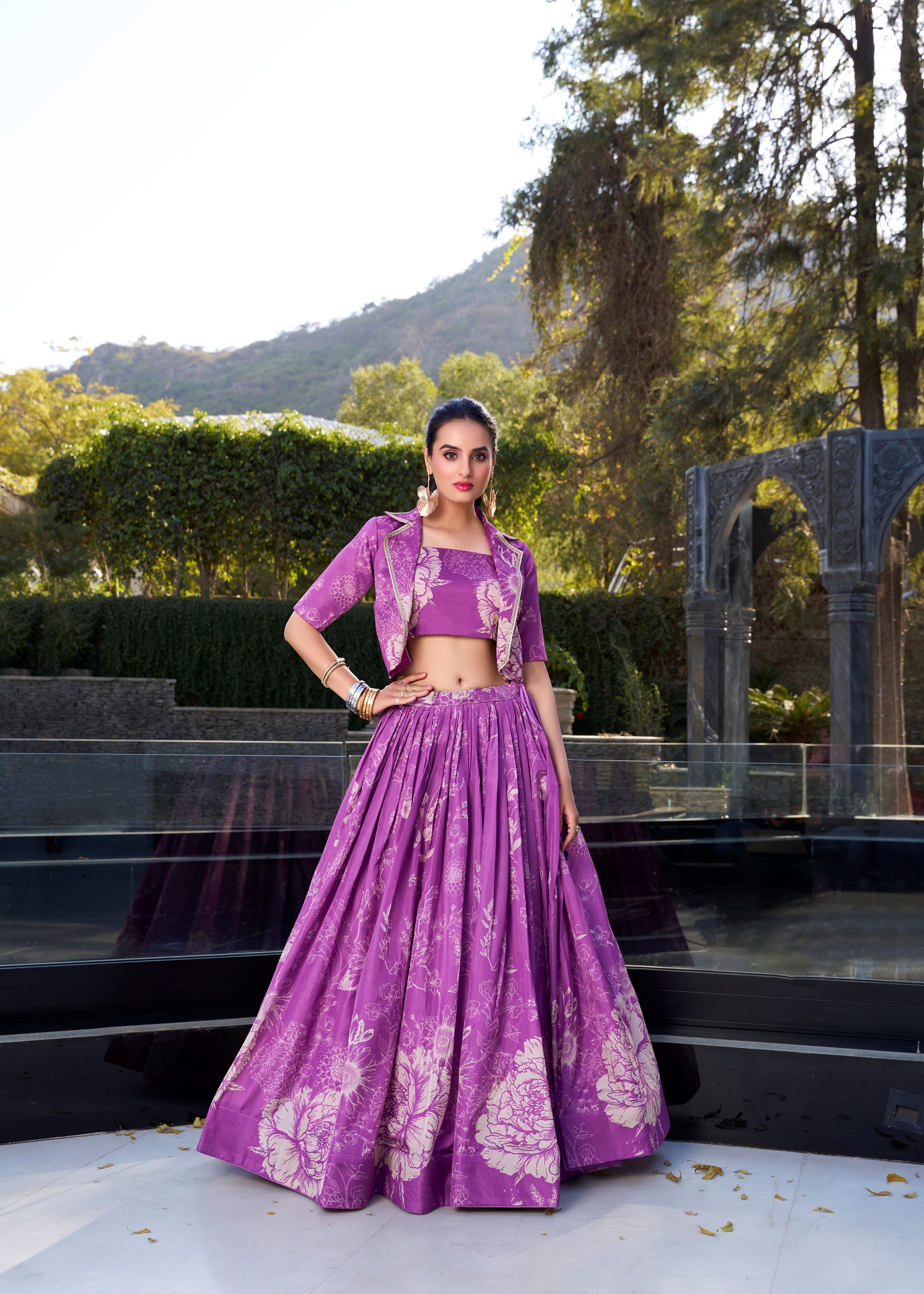 Purple Grace in Bloom Tussar Silk Floral Print Lehenga