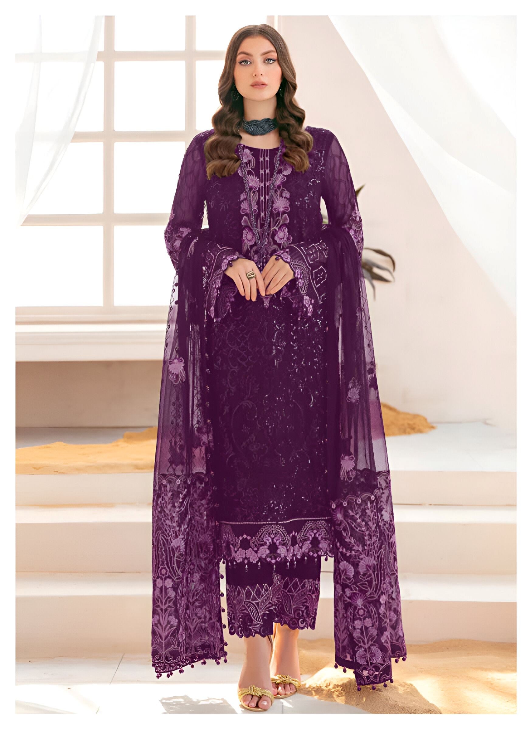Purple Heavy Designer Suit With Heavy Embroidery Work