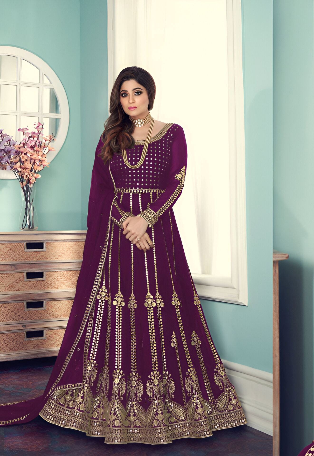 Purple Heavy Designer Suit With Heavy Embroidery Work