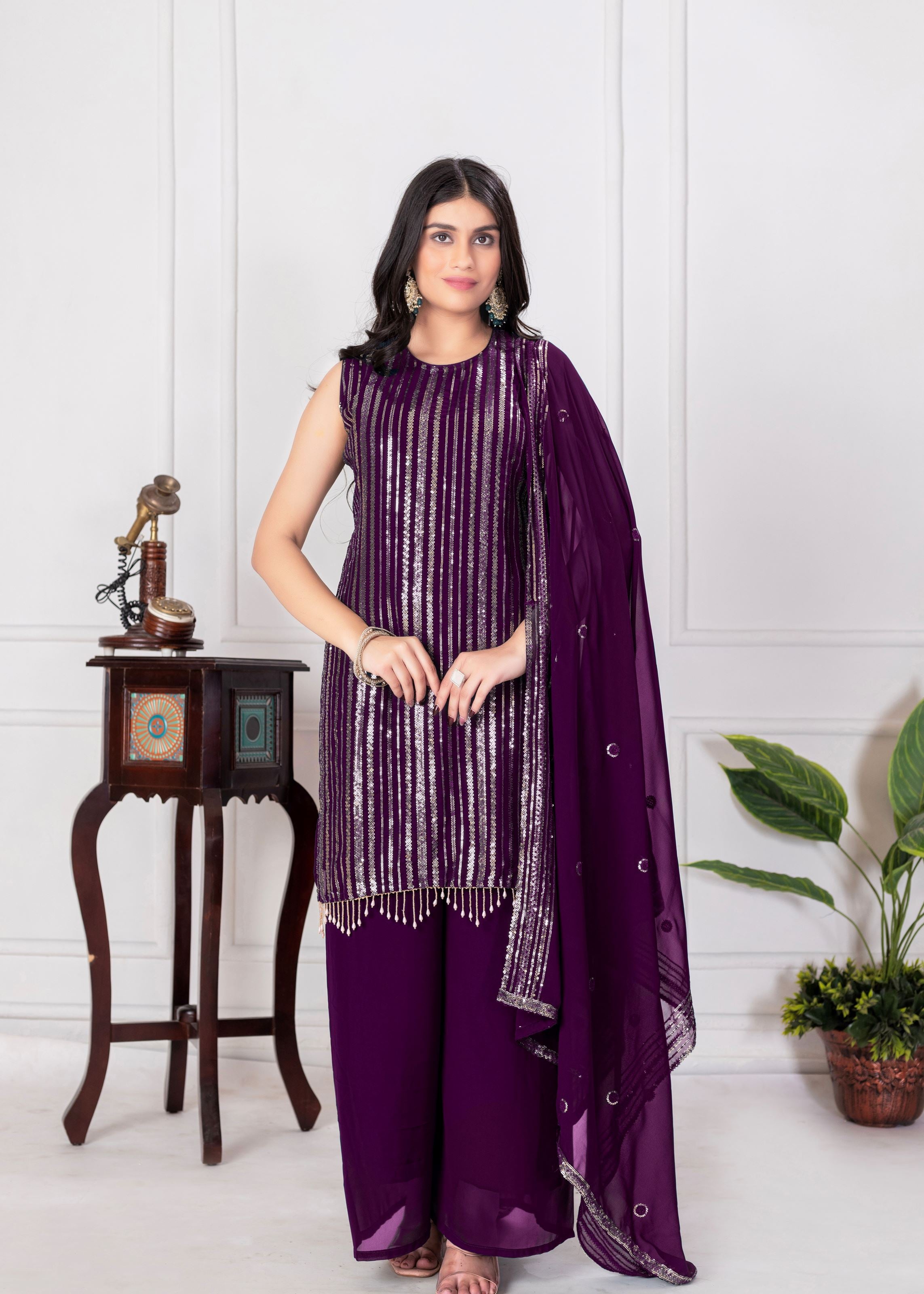 Purple Sharara Dress With Sequence Embroidered