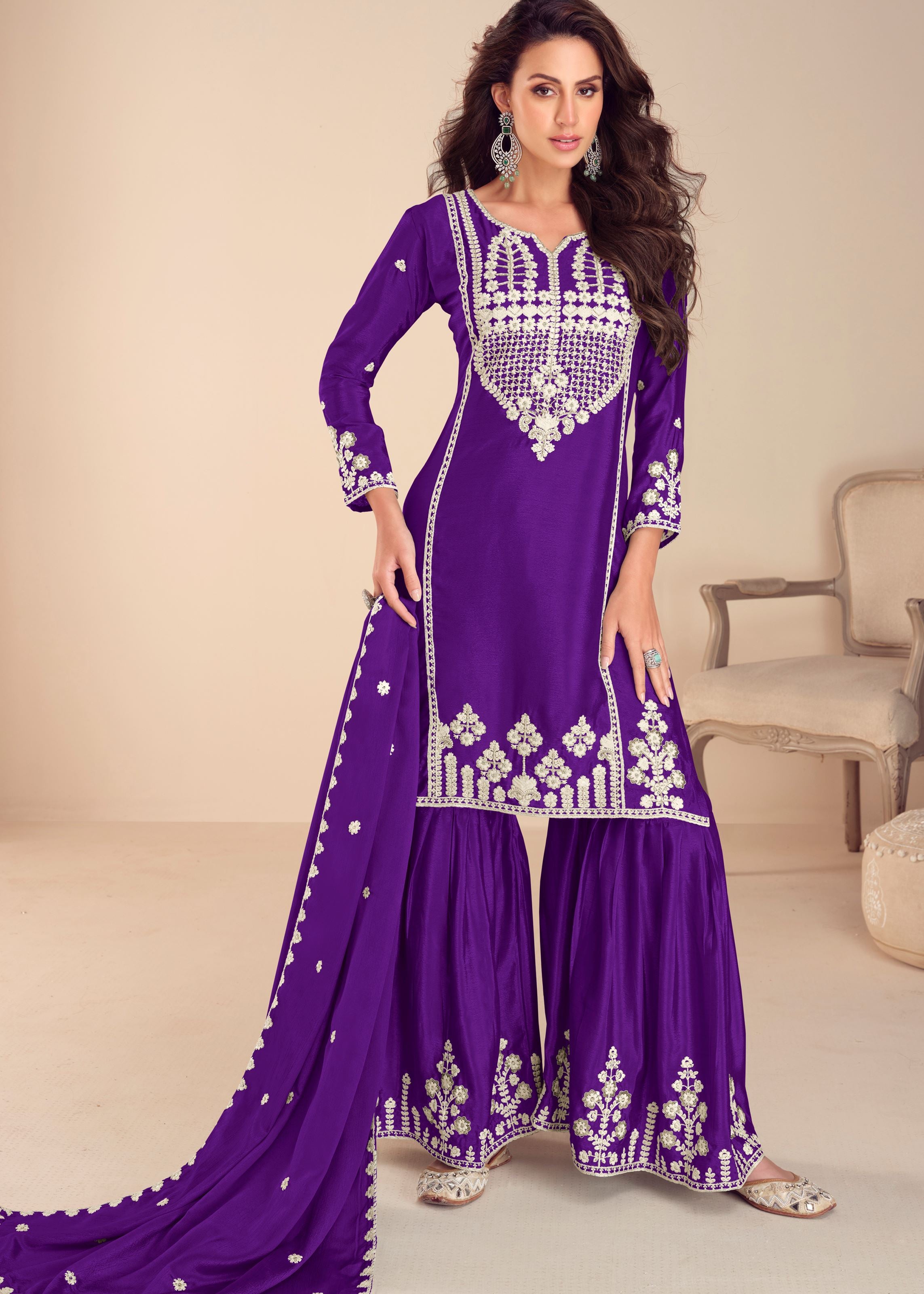 Purple Top-Gharara With Embroidery, Khatli and Hand Moti Work (Free Size Stitched Upto 42)
