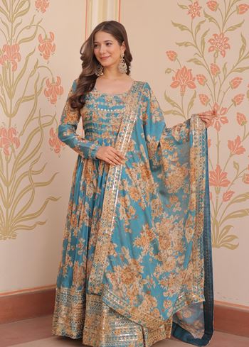 Rama Anarkali With Heavy Digital Print With Embroidered Sequins Work