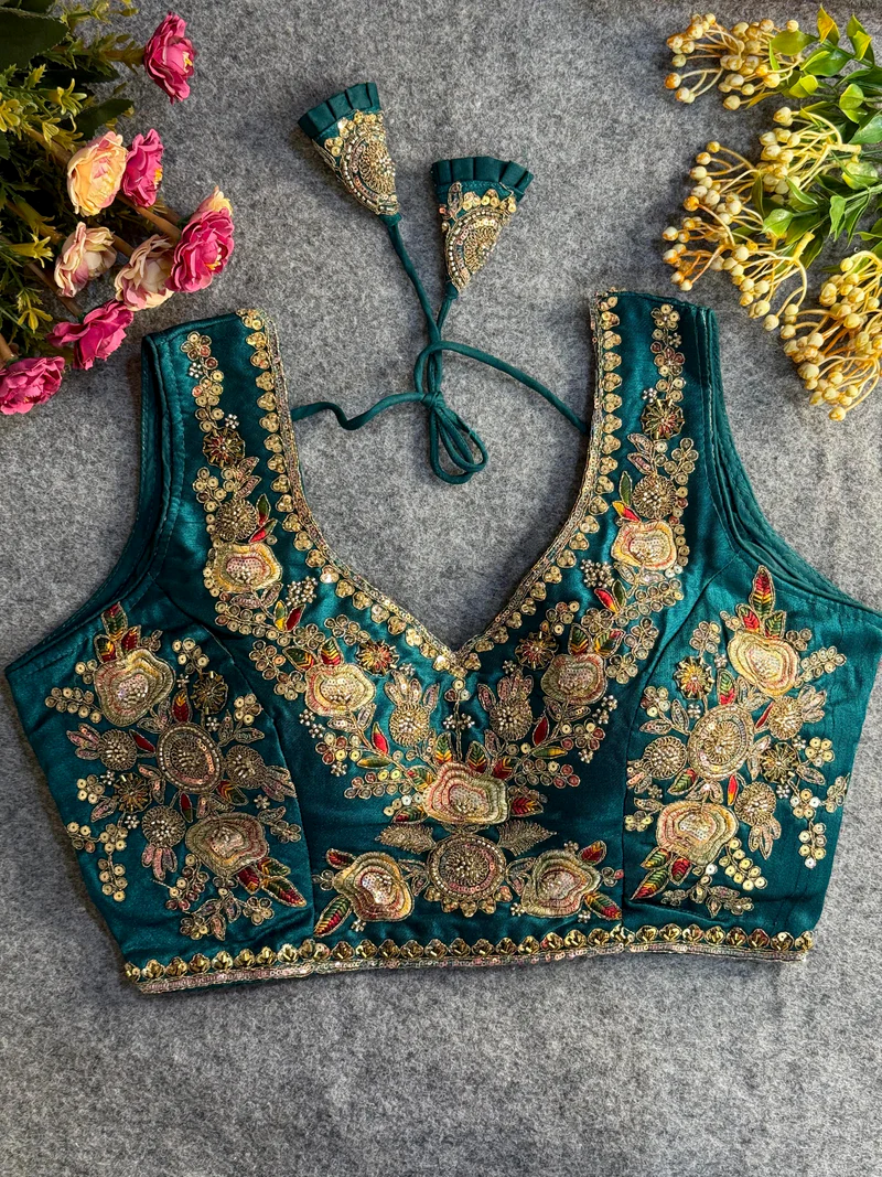 Rama Green Embroidered Blouse with Gold Work & Sleeves attached