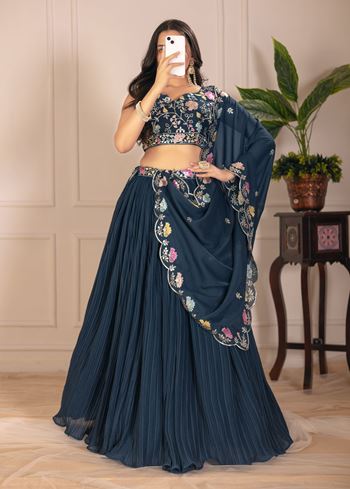 Rama Lehenga Choli With Embroidery With Multi Thread  Sequence Work