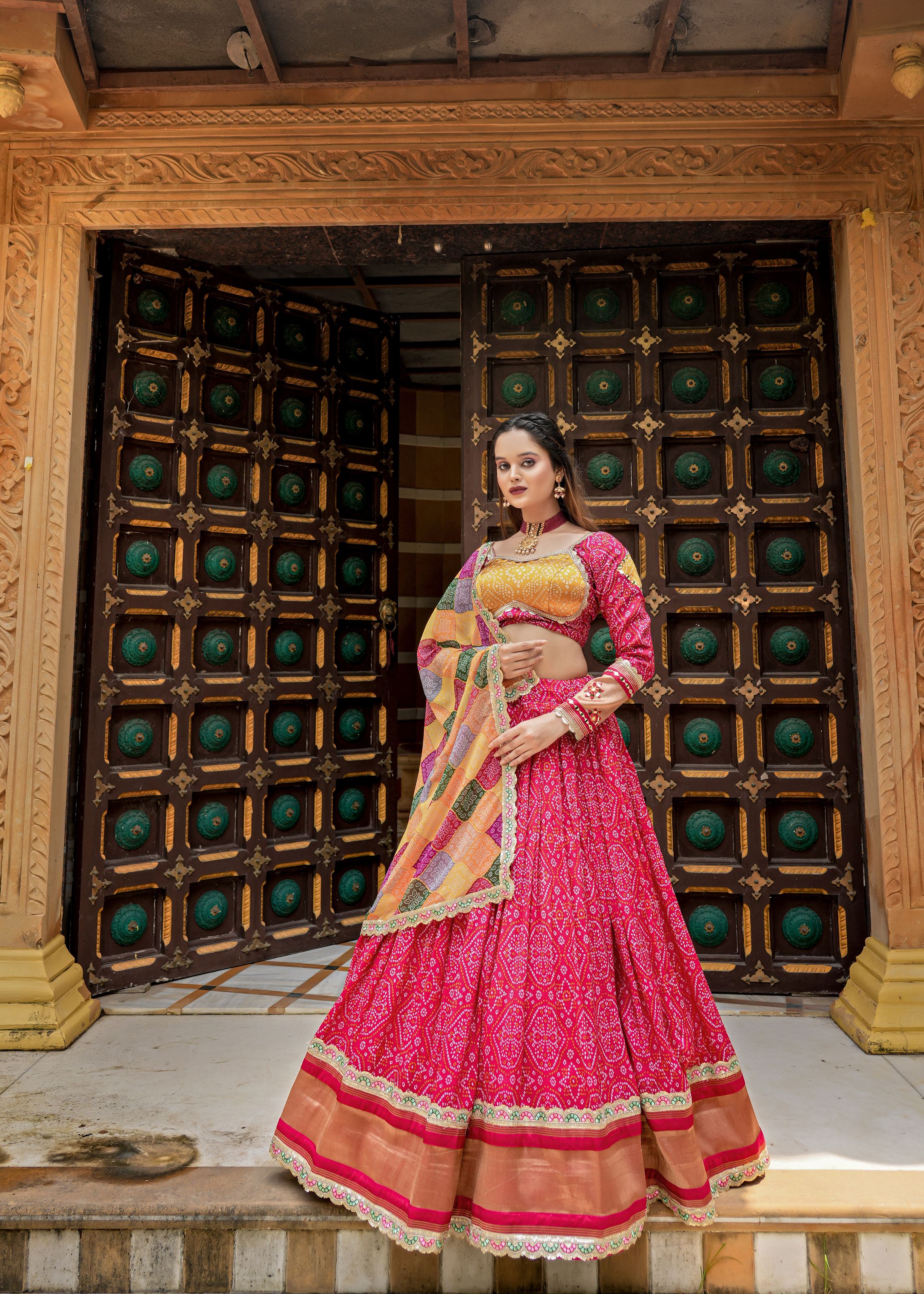 Rani Lehenga Choli With Heavy Discharge Print Heavy Embroidery Thread  Sequins Work