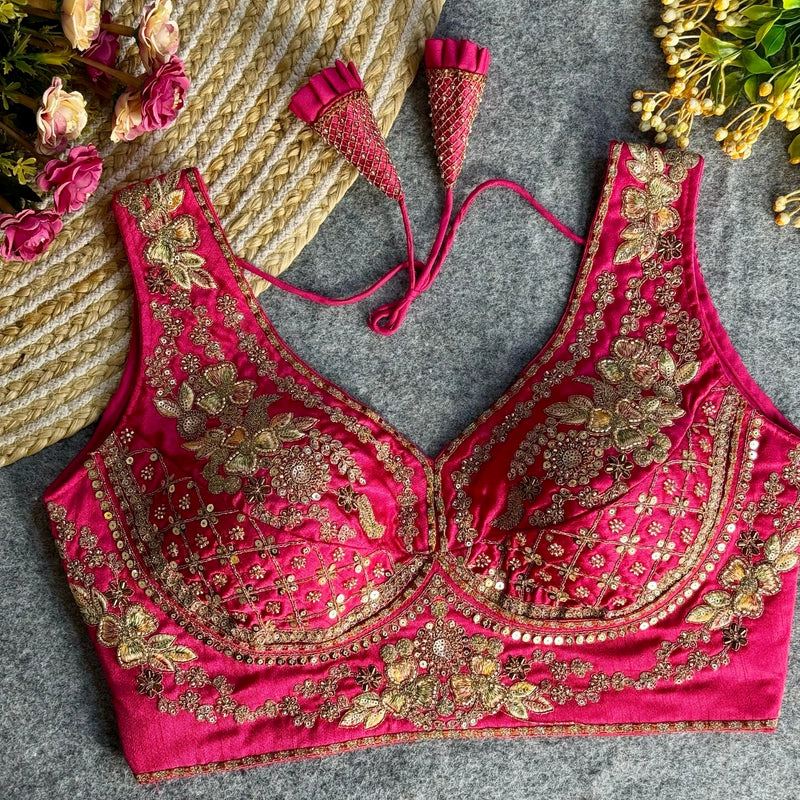 Rani Pink Elegant Bridal Sabyasachi Blouse with Heavy Work -12"Sleeves Attached