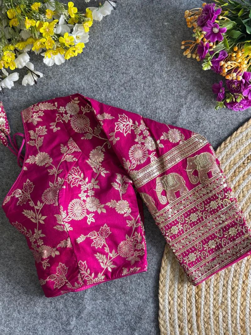 Rani Pink Elegant Silk Blouse with Intricate Elephant Design