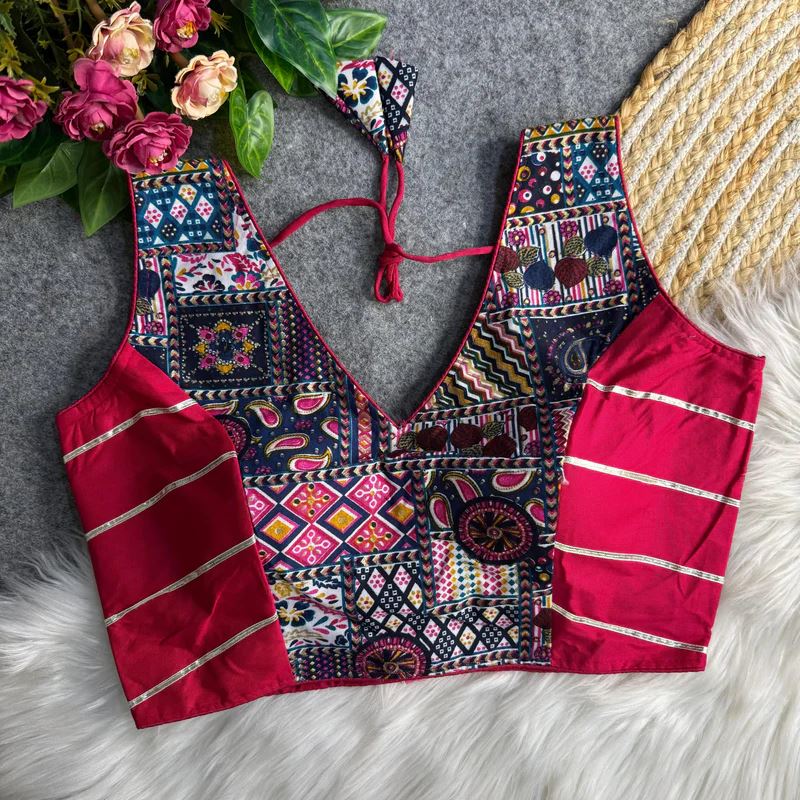 Rani Pink Ethnic Print Garba Blouse with Bold Contrast Look