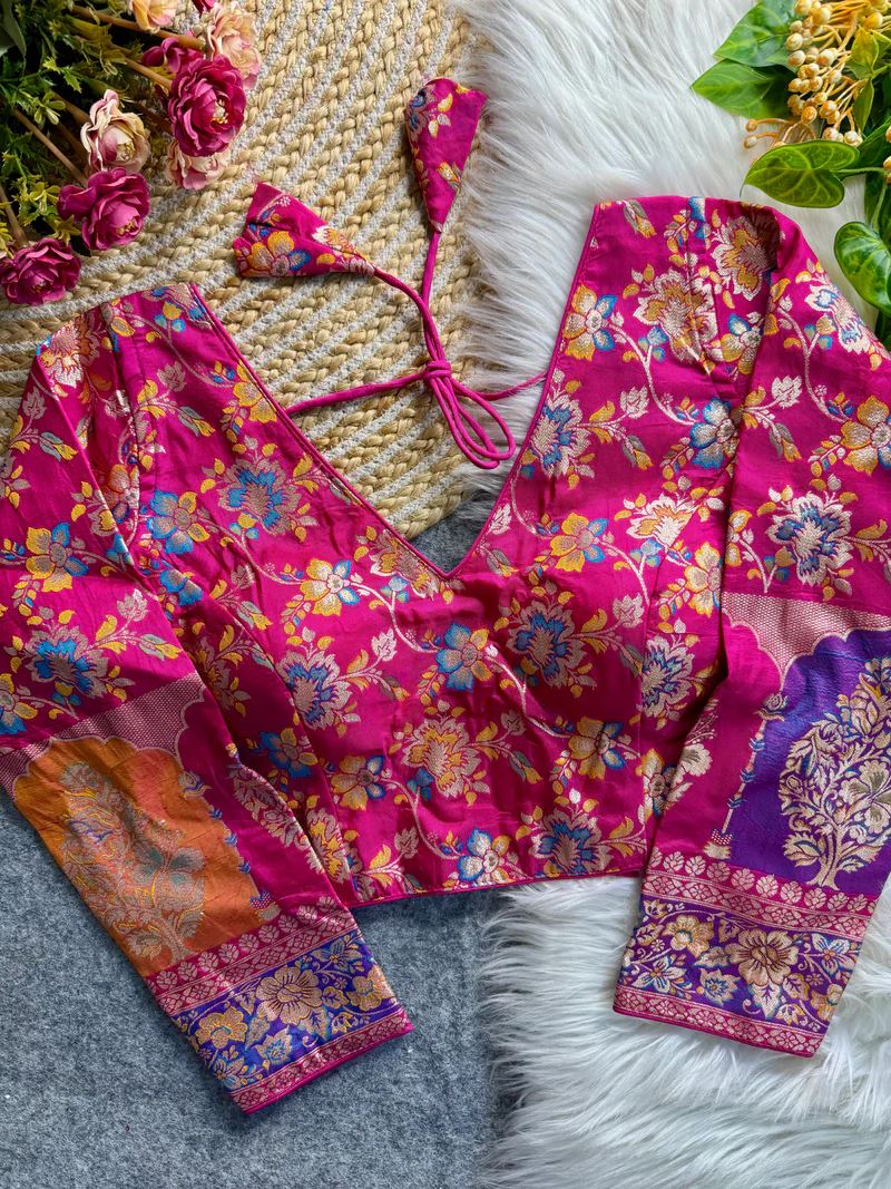 Rani Pink Soft Dola Silk Blouse with Woven Motifs & Full Sleeves