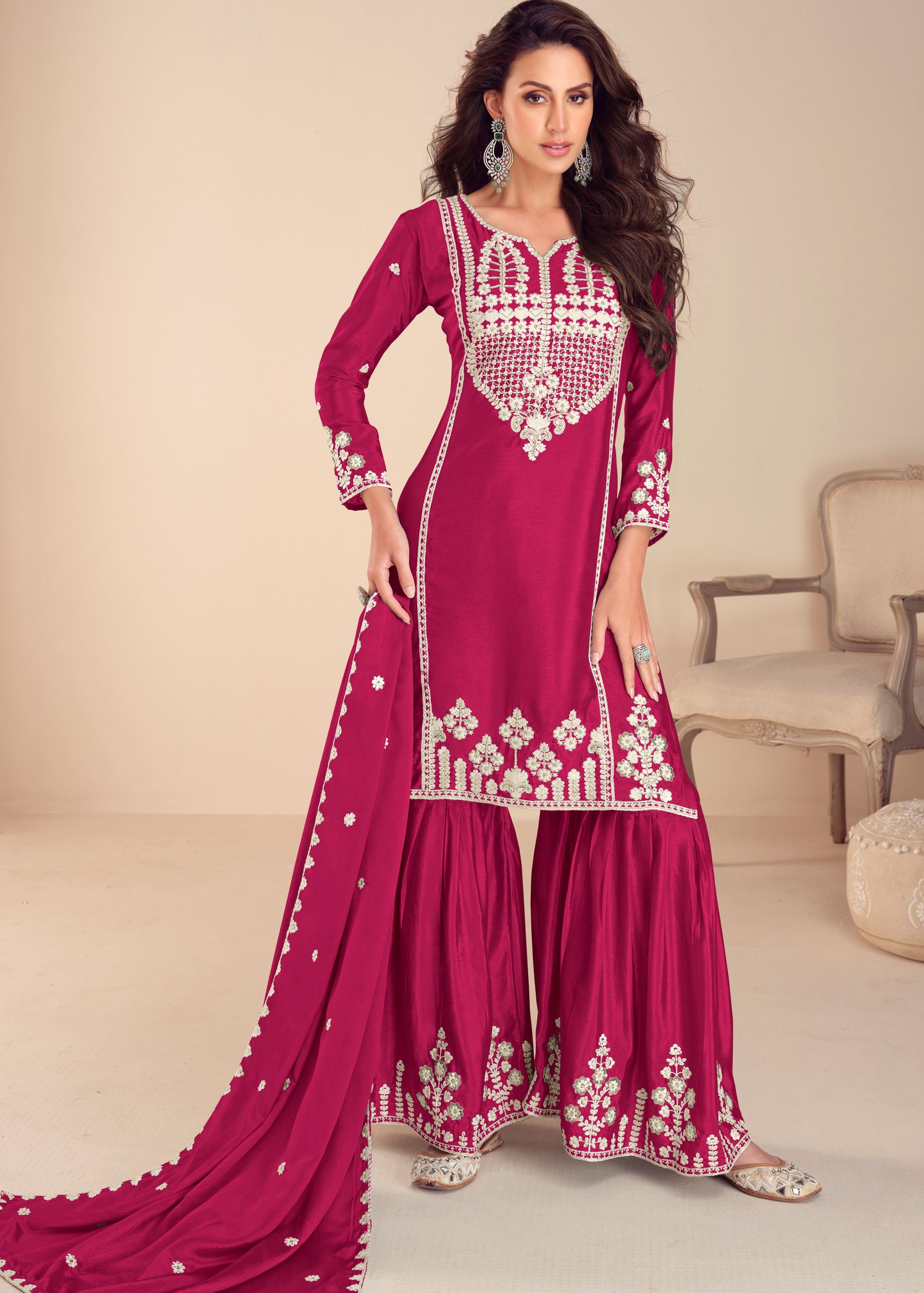 Rani Pink Top-Gharara With Embroidery, Khatli and Hand Moti Work (Free Size Stitched Upto 42)