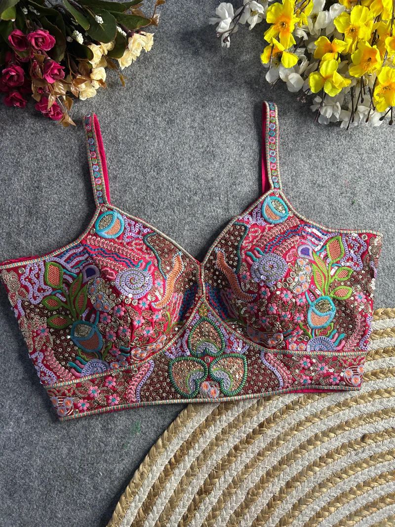 Rani Pink Vibrant Boho Spaghetti Blouse with Mirror & Thread Work