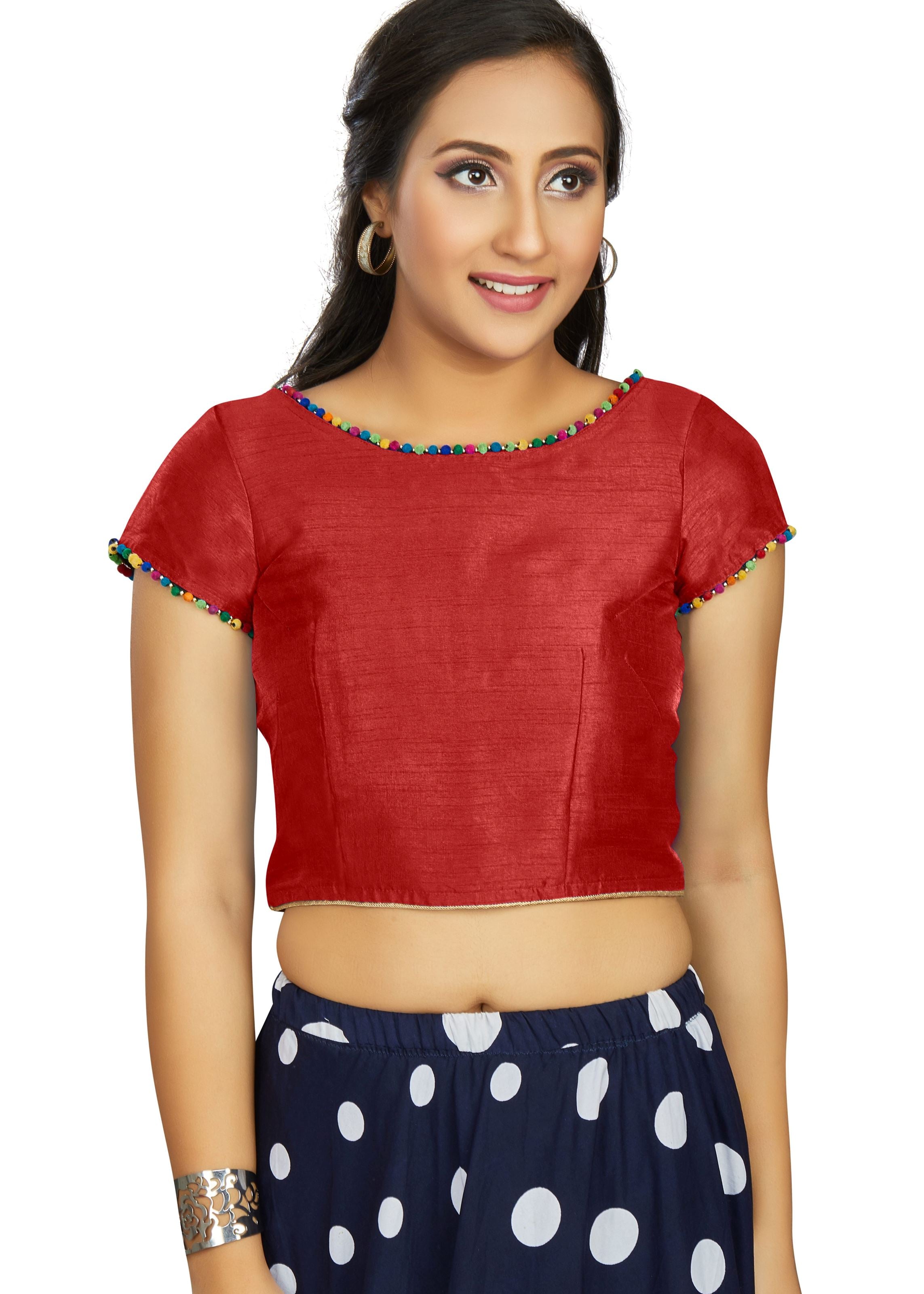 Red Art Silk Boat Neck Plain Blouse