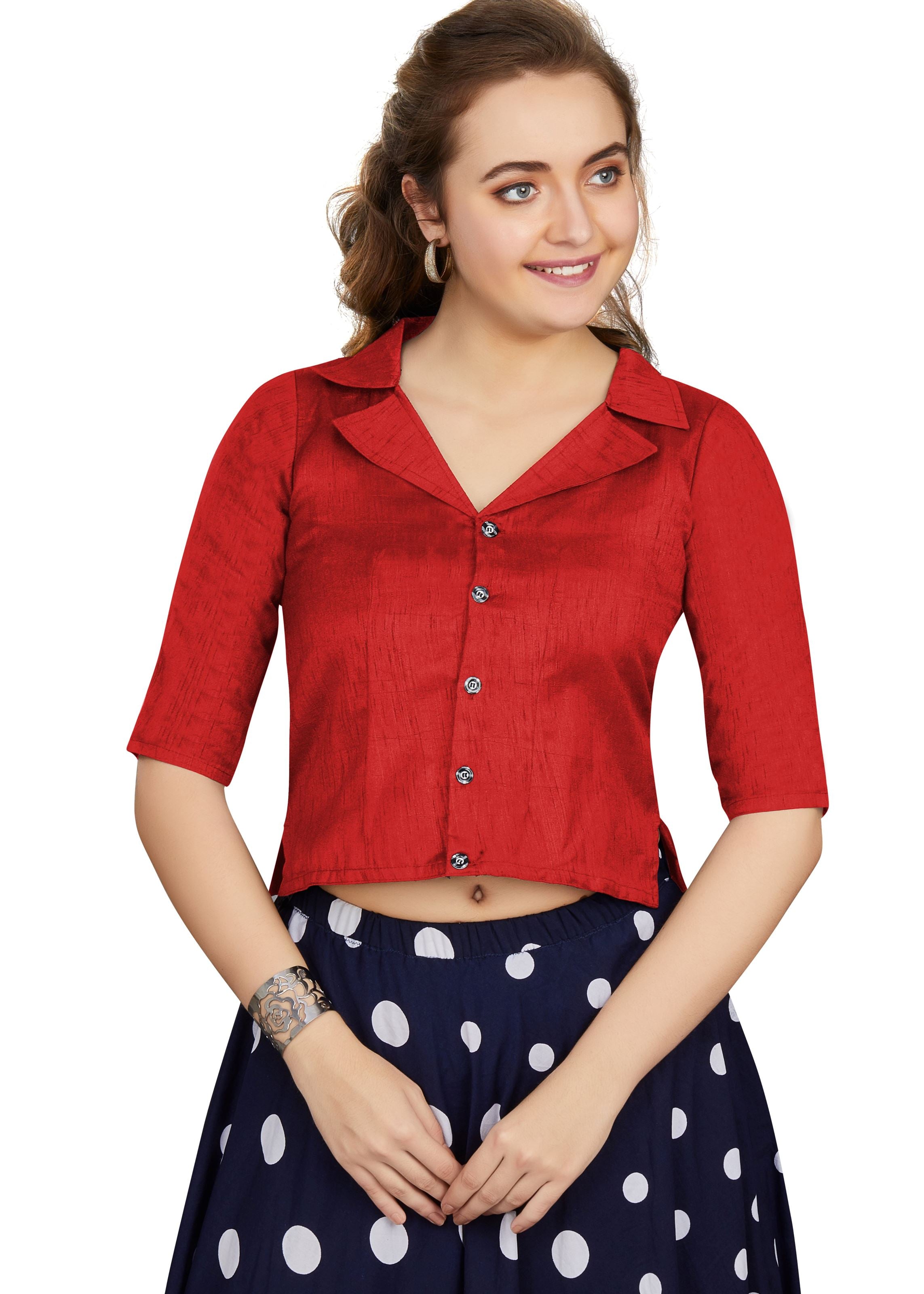 Red Art Silk Collar Neck Plain Blouse