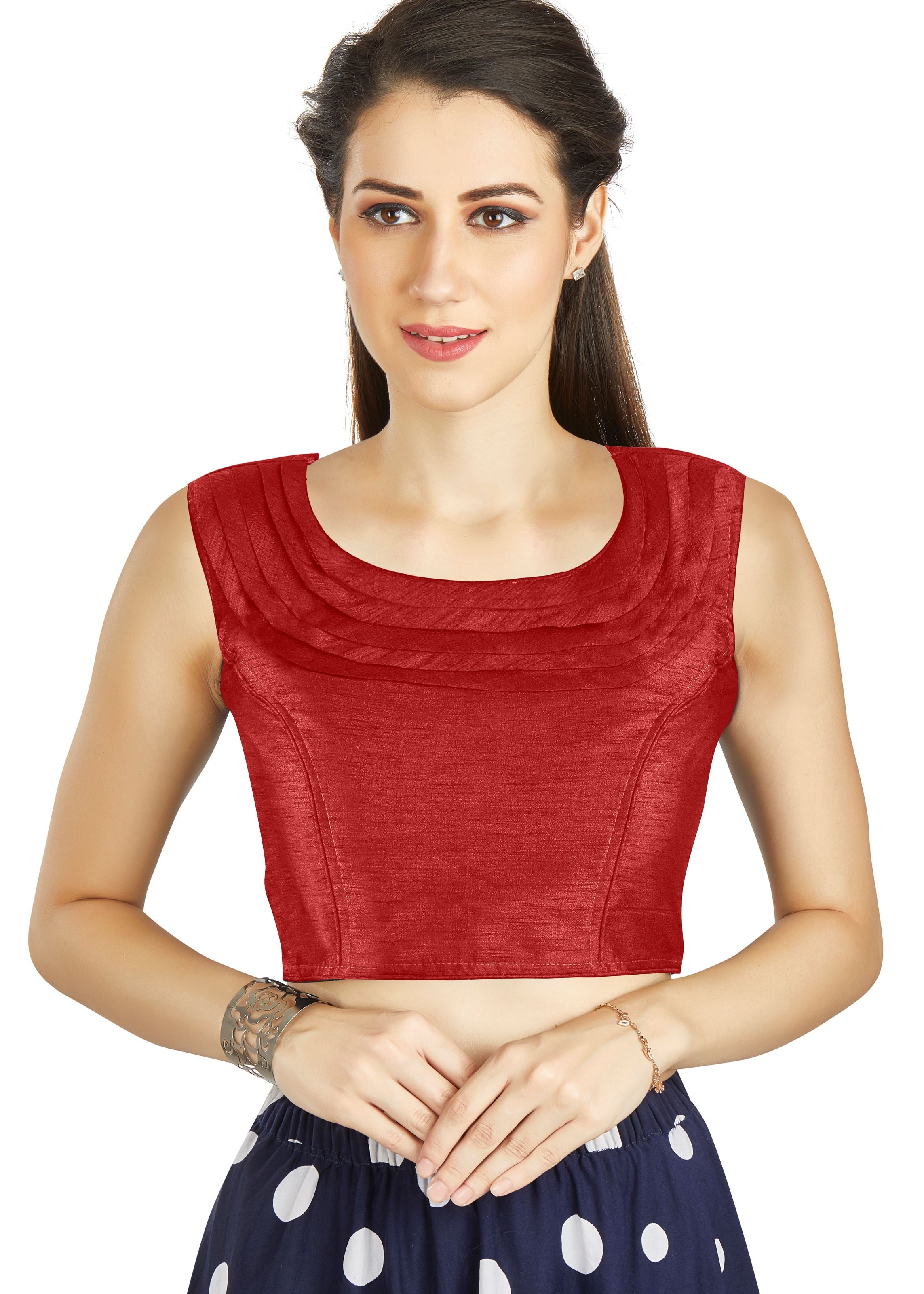Red Art Silk Pleated Boat Neck Plain Blouse