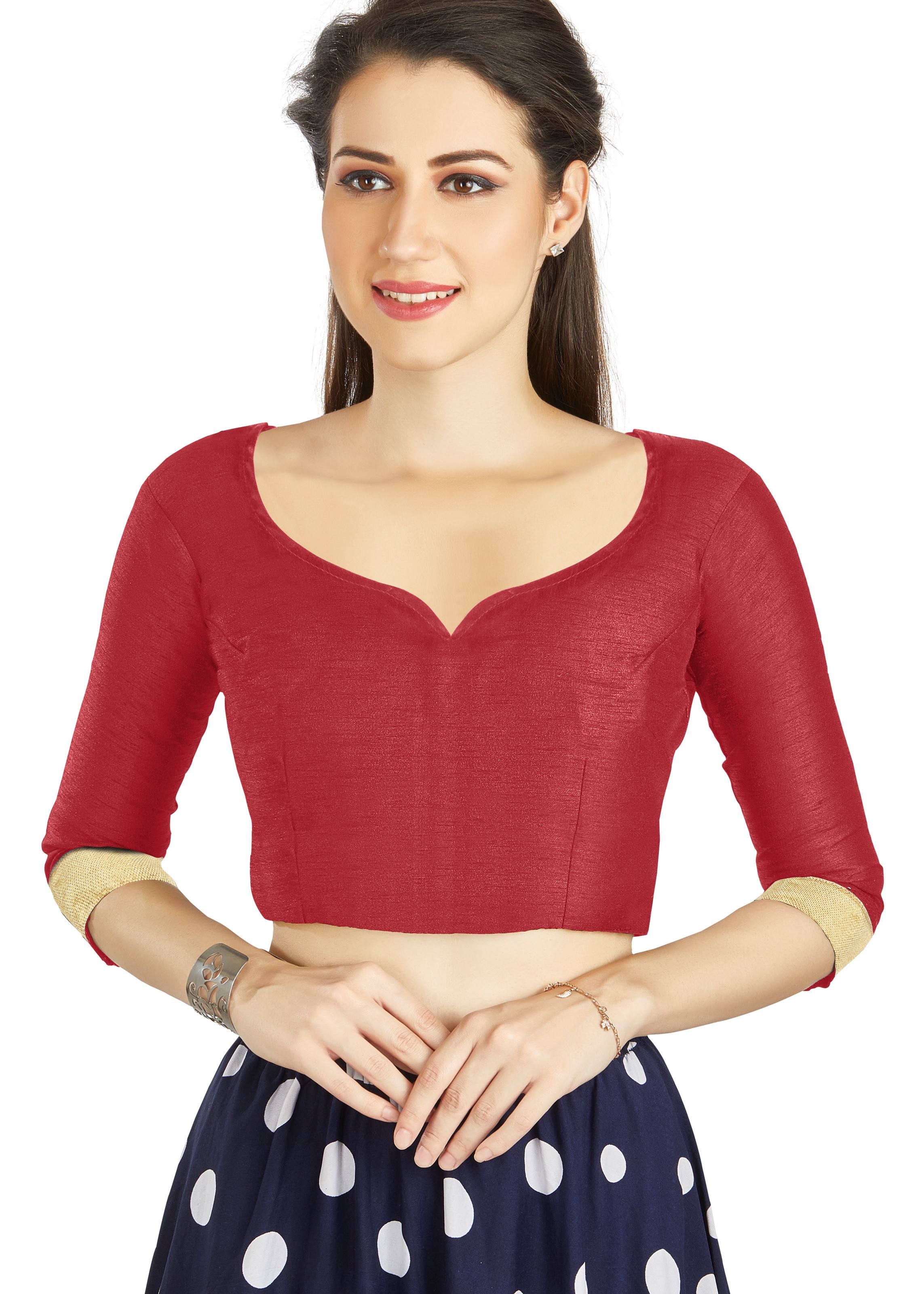 Red Art Silk Sweet Heart Neck style Blouse With Matty in Sleeves