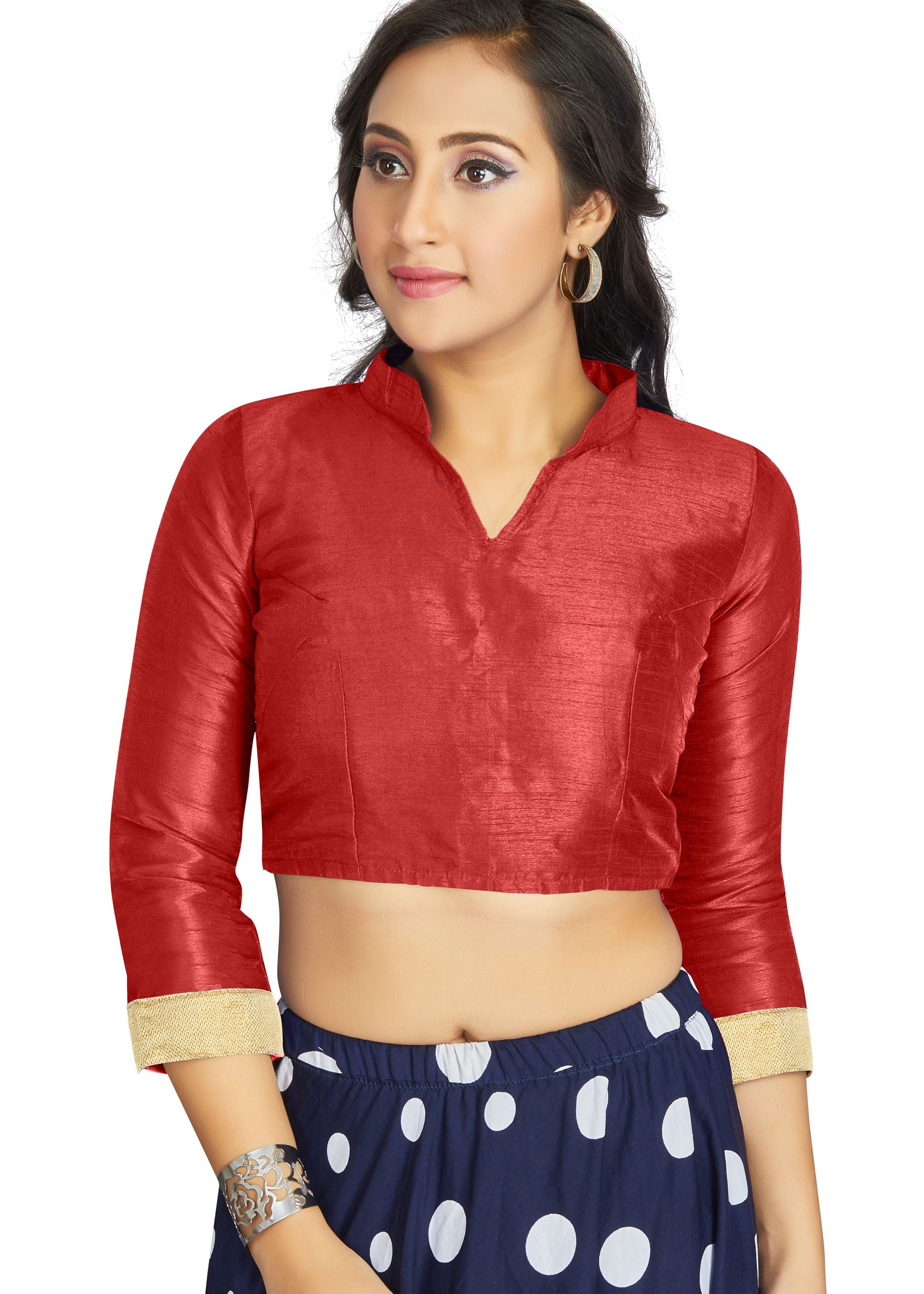 Red Art Silk V Neck Chinese Collar Blouse With Matty In Sleeve