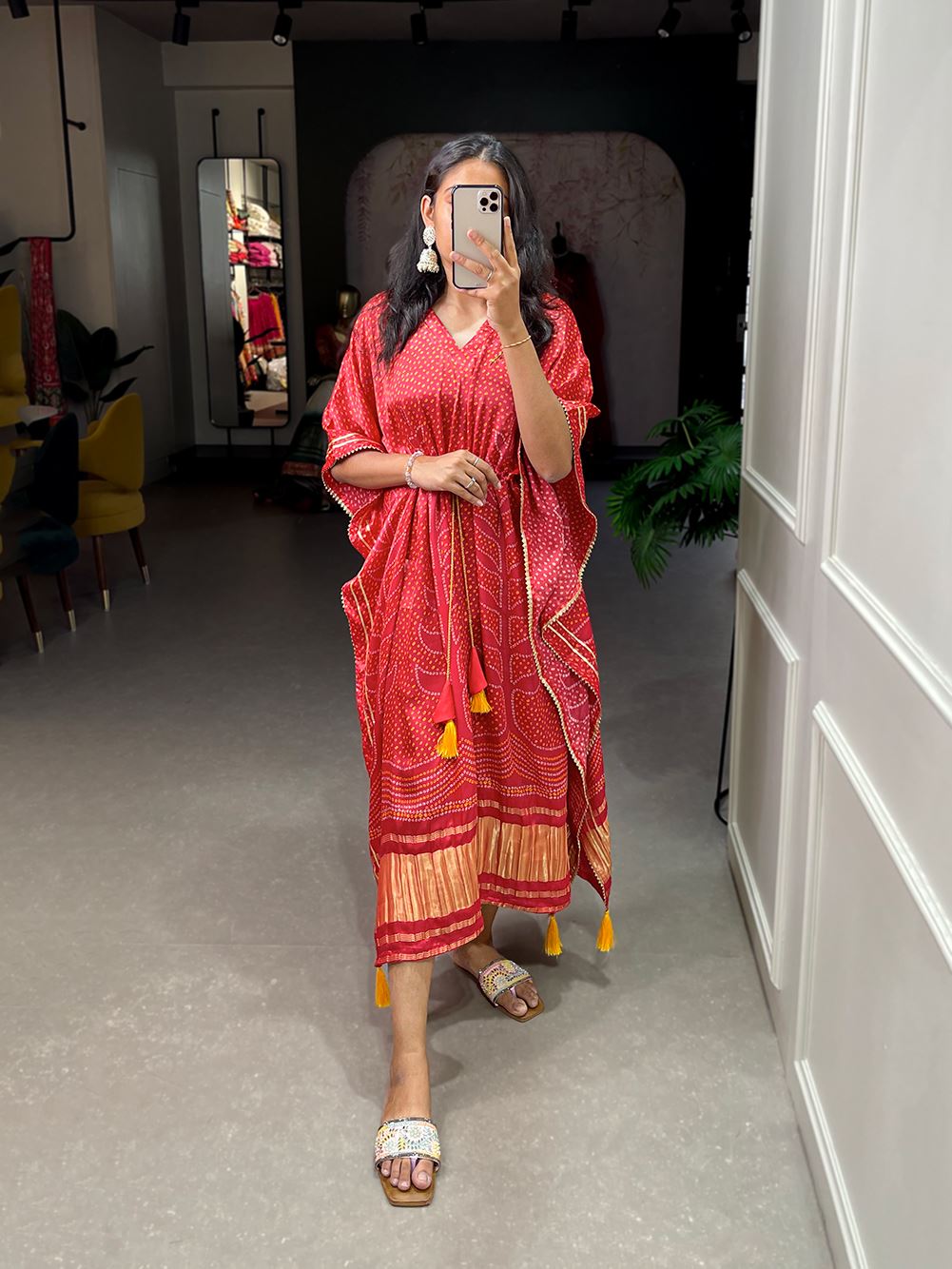 Red Color Pure Gaji Silk Kaftan with Gotta Patti  Tassels