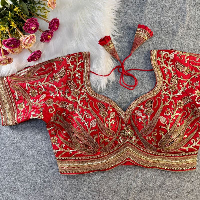 Red Designer Blouse with Heavy Sequin Embroidery