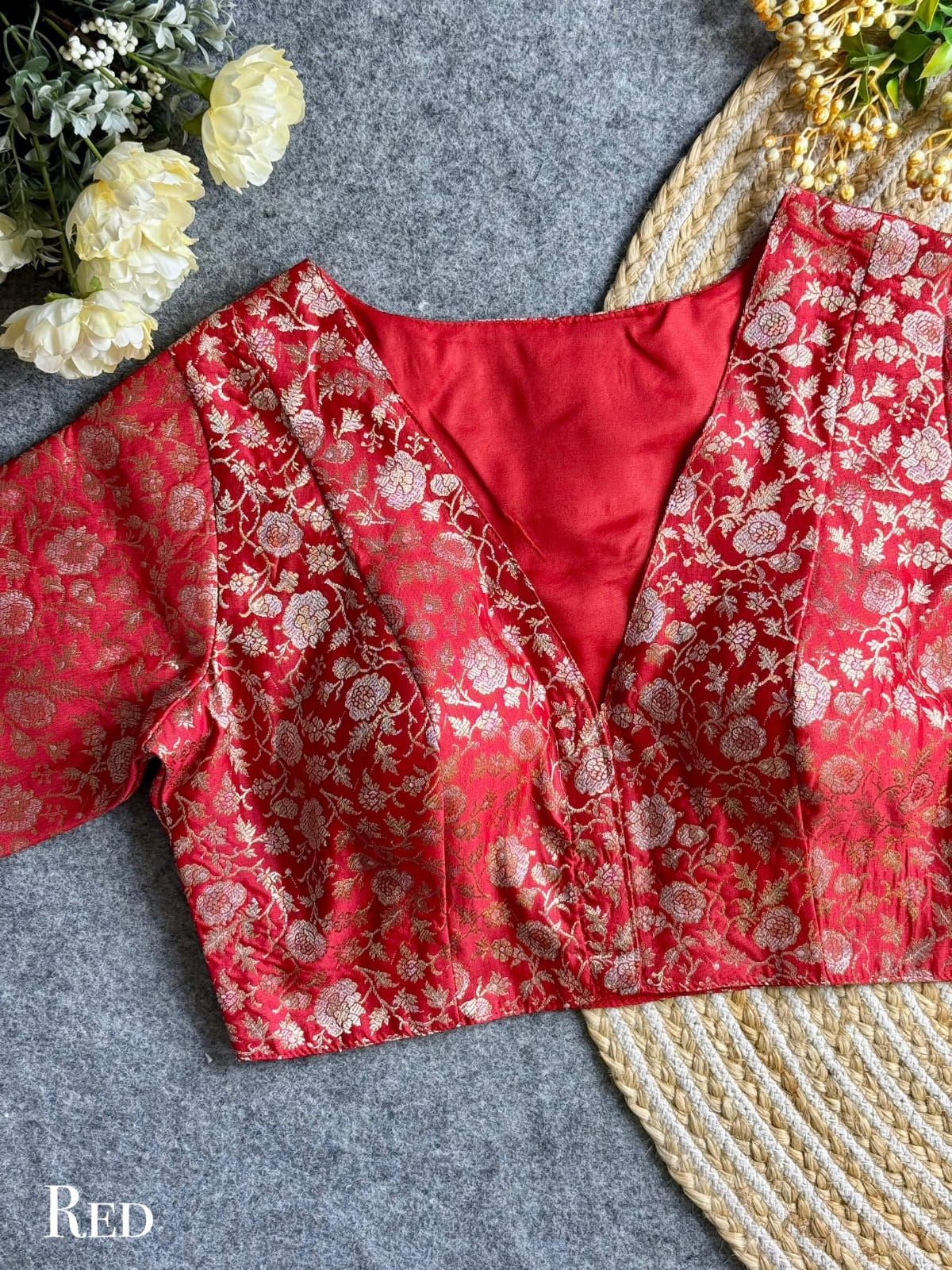 Red Designer Blouse with V-Neck & Golden Brocade Floral Weave