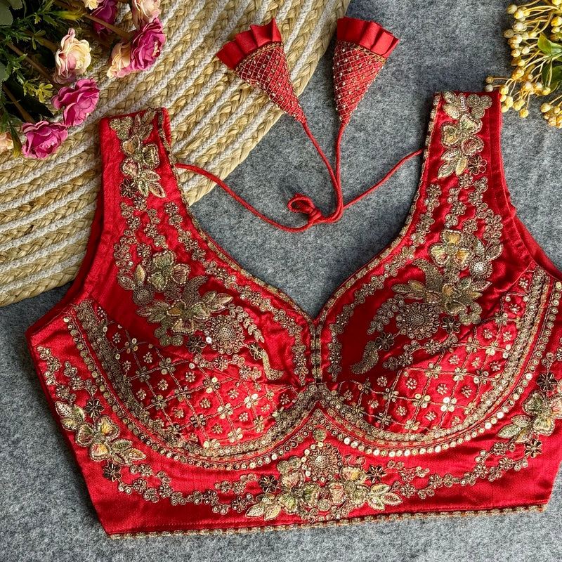 Red Elegant Bridal Sabyasachi Blouse with Heavy Work -12"Sleeves Attached