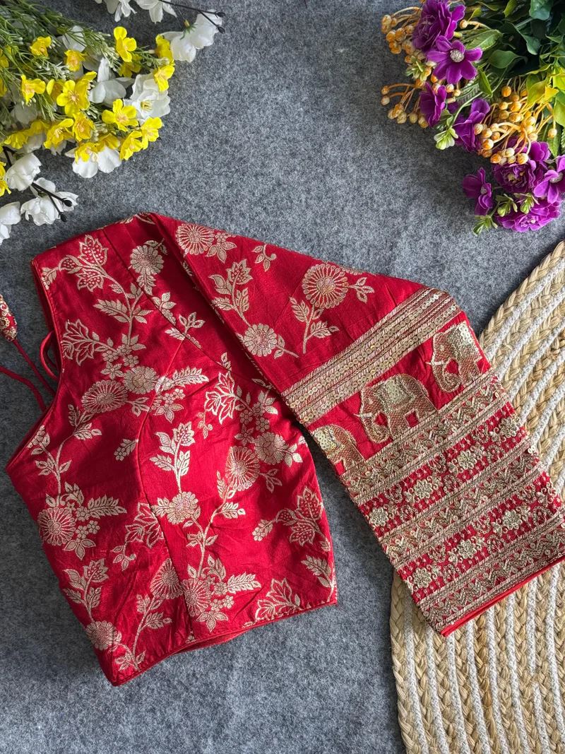 Red Elegant Silk Blouse with Intricate Elephant Design