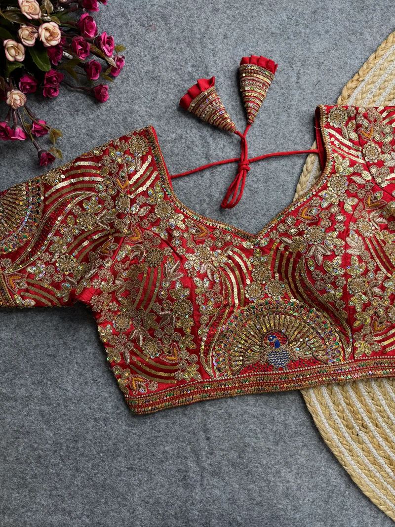 Red Enchanted Feathers Coding  Sequin Bridal Blouse