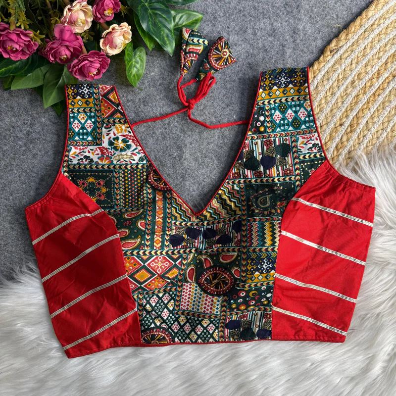 Red Ethnic Print Garba Blouse with Bold Contrast Look