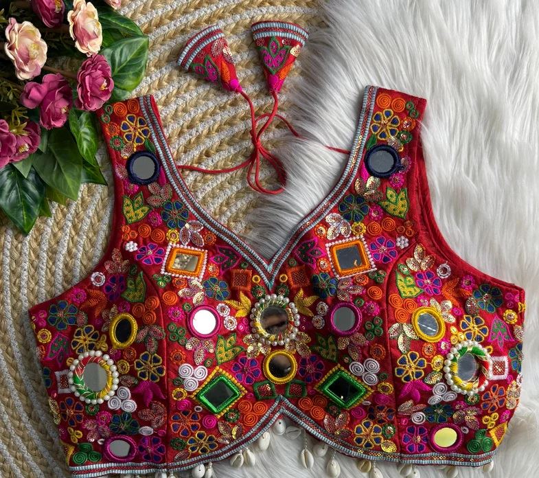 Red Fancy Design Apple Cut Blouse With Gamthi Lace  Real Multi Mirror Work