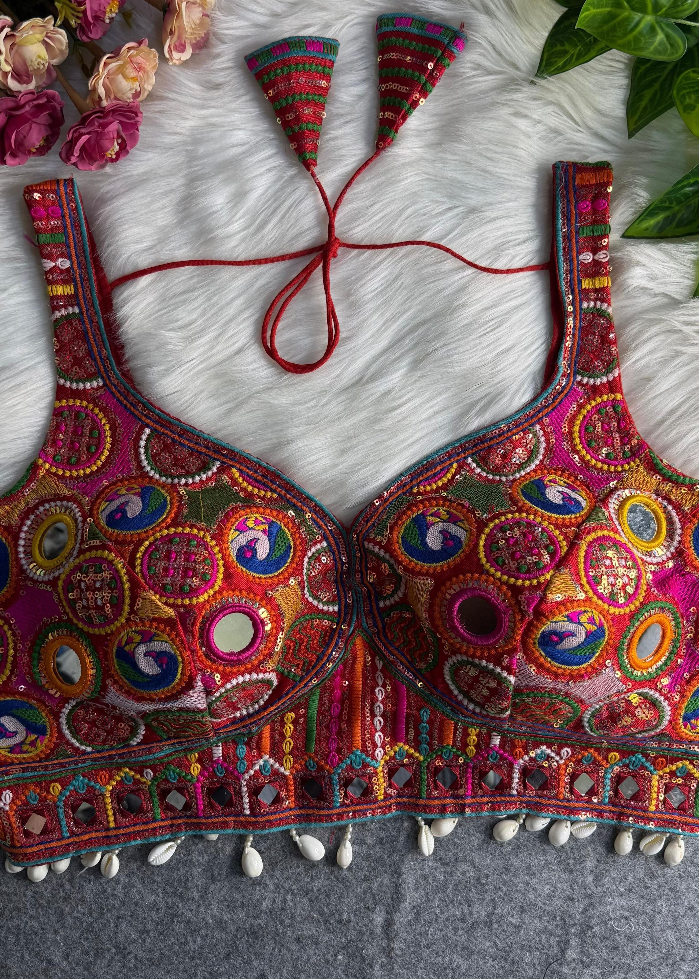 Red Gamthi Navratri Blouse with Mirror Work Shell Tassels