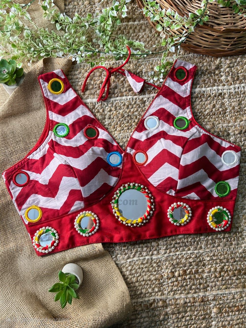 Red Garba Special Blouse with Real Mirror Work