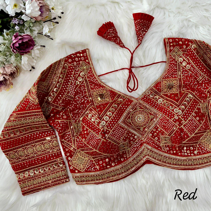 Red Heavy Bridal Blouse with Long Sleeves & Apple Cut Design