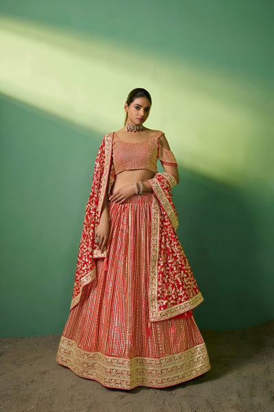 Red Lehenga Choli with Heavy Embroidery, Sequence work