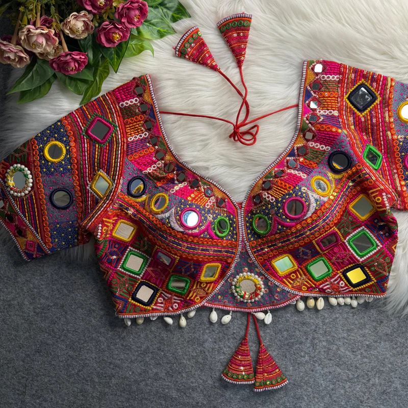 Red  Navratri Blouse With Real Muliti Mirror  Kodi Work